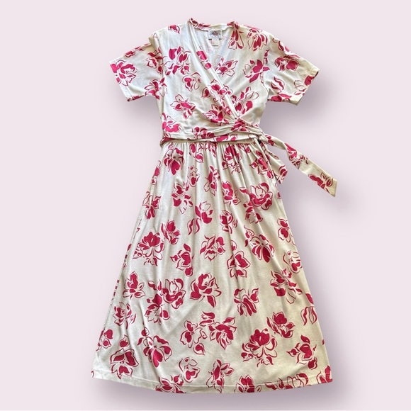 VTG 80s Retro NWT White & Pink Floral Print Short Sleeve Wrap Dress - Picture 11 of 11